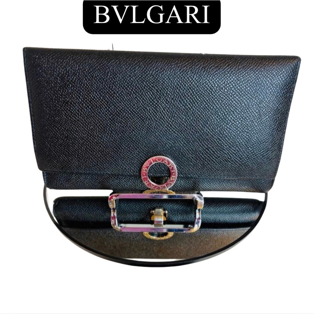 BVLGARI Black Grained Calf Leather w/Blue Lining Long Wallet, COA Cards, GUC